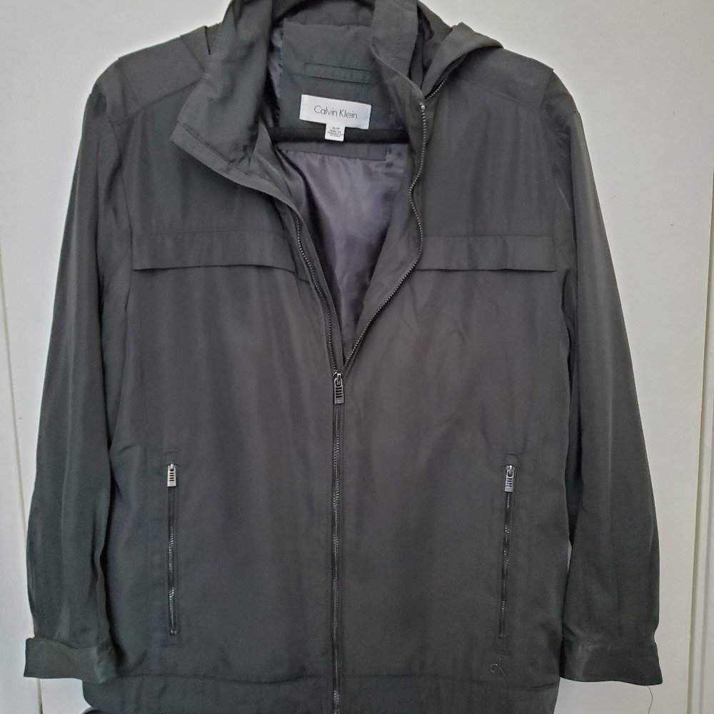 Calvin Klein unisex,hidden hood, zipper coat, black, hip length, zipper pockets